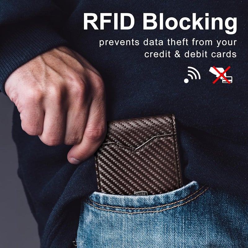 GSOIAX محفظة رفيعة للرجال مصنوعة من الجلد الحقيقي مع ألياف الكربون مانعة لتسرب RFID حاملة بطاقات ائتمان قابلة للطي مع علبة هدايا (كربون بني) - Image 4